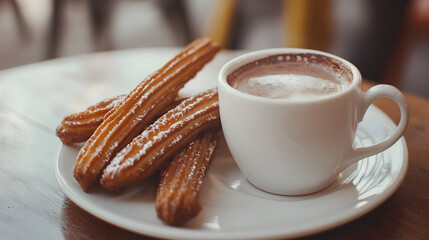 Close-up of a plate featuring golden churros dusted with sugar alongside a steaming cup of rich hot chocolate