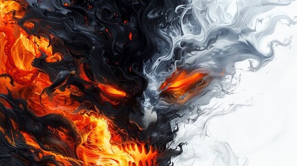 A fire demon emerging from flames, dark fantasy style, isolated on white background