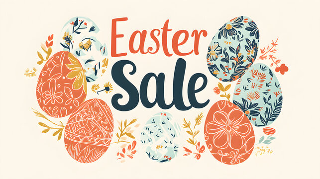 Easter sale poster featuring colorful egg outlines and floral designs creating a festive and inviting atmosphere for spring celebrations