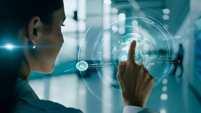 Young girl manager businesswoman interacts with AI AR holographic interface UI science research female scientist modern technology lab VR virtual reality artificial intelligence network IT specialist