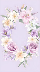 Fototapeta premium Elegant floral wreath design featuring lilies, roses, and delicate blossoms on a soft purple background creating a serene and festive atmosphere