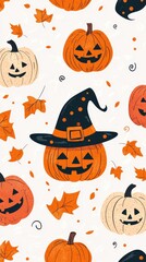 Pattern of Halloween pumpkins and witch hats with autumn leaves