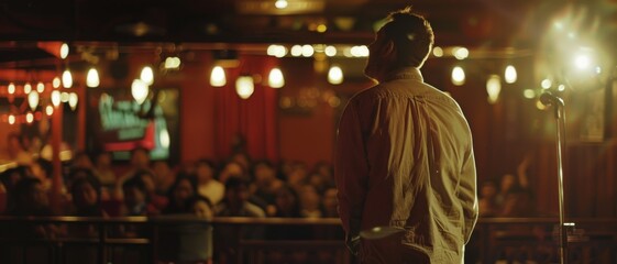 Obraz premium A comedian performing under the warm glow of stage lights, engaging the audience with humor and charm in an intimate venue.