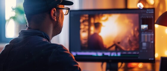 An individual works intently on a computer, editing a photo with warm tones, creating an artistic and focused atmosphere in the studio.