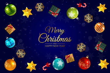 Fototapeta premium Colorful Christmas Ornaments and Gifts on Blue Holiday Greeting Background