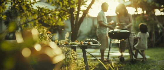 Obraz premium A family shares warmth and joy during a summer barbecue in their sunlit garden, with food on the table adding to the festive ambiance.