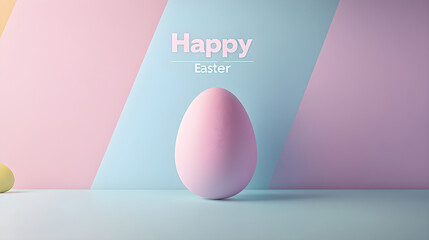 Fototapeta premium A minimalist easter poster features a pastel-colored egg against a soft geometric background with cheerful text celebrating easter