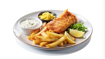 Crispy fried fish with golden fries and dipping sauces on a white plate.