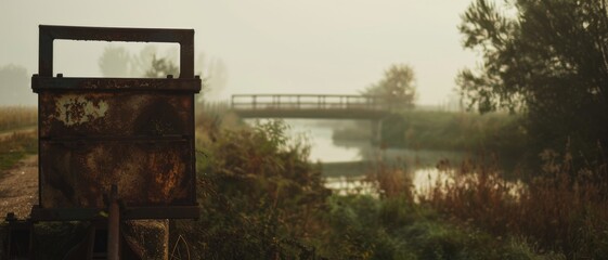 Fototapeta premium A quiet, misty river scene dominated by a rusty old bridge, set in a foggy, serene landscape with subdued colors.