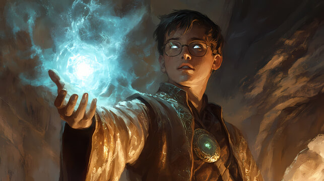 Young sorcerer channeling a powerful spell in an ancient cave. his expression is focused and determined,. Sorcerer's Spell. Illustration