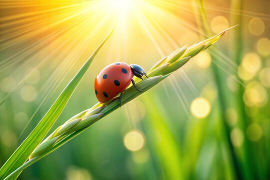 Ladybug crawling on grass blade in golden sunlight nature scene