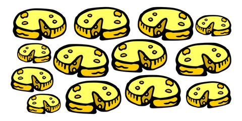 hand-drawn illustration featuring multiple cartoon cheese wheels and slices with holes, perfect for food-themed designs 