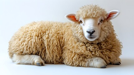 Adorable Fluffy White Sheep Isolated on Clean White Background. Ideal for Photo Usage,Showcasing the Soft,Wooly Texture and Peaceful,Serene Nature of the Domestic Farm Animal.