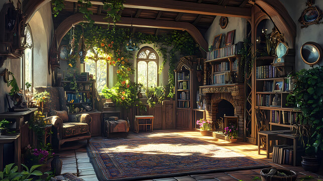 Spectacular picture of interior of a fantasy medieval cottage, full with plants furniture and enchanted light. digital art 3d illustration. Witch's Cottage. Illustration