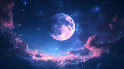 Obraz premium Pink Moon Night Sky Clouds Stars Illustration