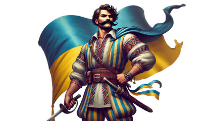 Fototapeta premium Ukrainian Kozak Warrior with National Flag on Transparent Background
