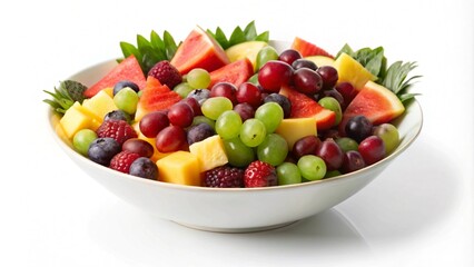 A white bowl filled with fresh fruit salad including watermelon, grapes, pineapple, raspberries, and blueberries.