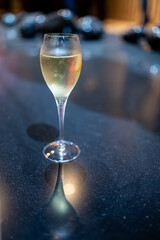 Celebration, night club with party lights and glass of champagne sparkling wine, dancing with wine, wedding event
