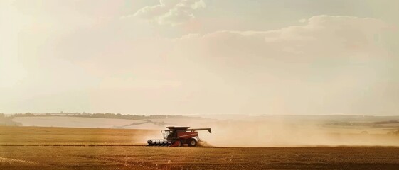 Fototapeta premium A peaceful scene of a harvester machine working a vast, dusty field under a gentle sunset, capturing the essence of labor and nature.