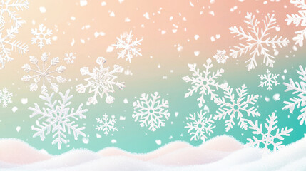 Winter-themed background with falling snowflakes against a gradient sky transitioning from soft orange to teal