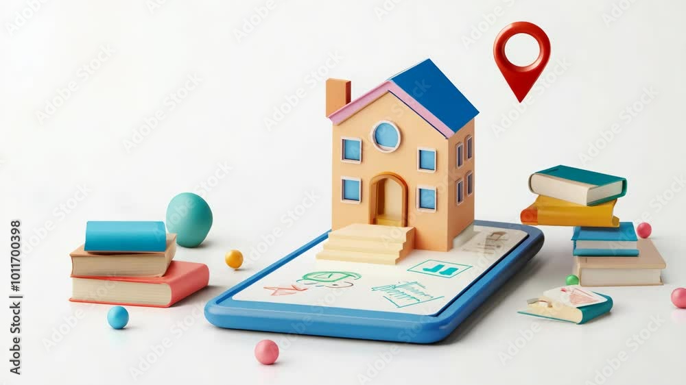 Poster A tablet with a house on it and a book stack in the background