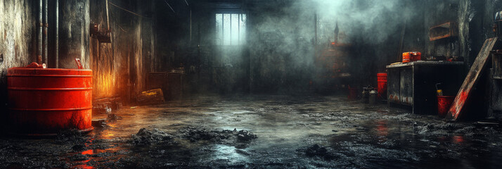 Naklejka premium A smoky, dark and abandoned garage.