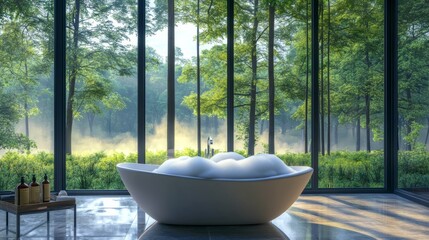 Fototapeta premium Freestanding Bathtub by Window Overlooking Serene Forest