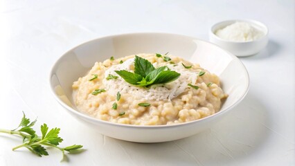 A bowl of creamy risotto with grated cheese and fresh herbs on a white surface.