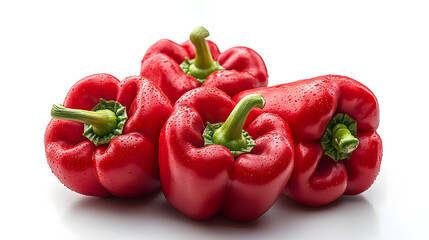 Closeup of fresh,ripe,and succulent red bell peppers or capsicum on a plain white background. These nutritious vegetables are commonly used in a variety of cuisines and can add color,flavor.