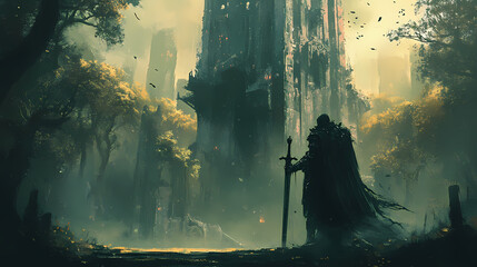 Towering dark necromancer brandishing ornate greatsword in haunted woodland glen. Dark Wizard's Tower. Illustration