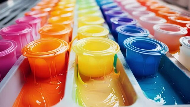 Overflowing colorful paint dripping from cups in a printing factory. This image illustrates the printing process and the graphic industry