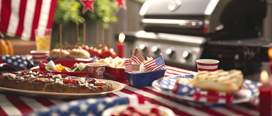 A patriotic-themed outdoor barbecue setup featuring American flags, a grill, and a variety of delicious dishes laid out on a red, white, and blue tablecloth.