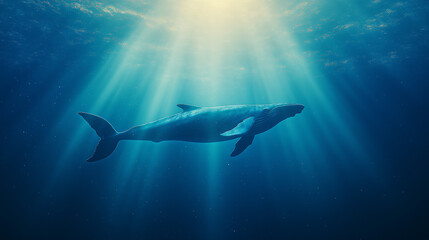 Obraz premium Double exposure of a whale's silhouette blended with ocean currents and sunlight beams filtering through the water