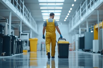 Male Janitor Cleaning Floor In Office, Generative AI