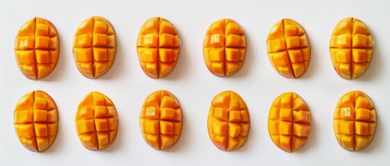 Fototapeta premium Twelve neatly arranged mango halves, each cut into a grid pattern, displayed on a white background.