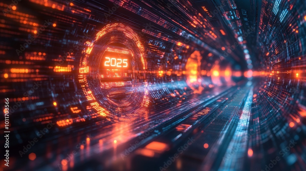 Poster data streams flow through a futuristic tunnel towards the year 2025 filled with glowing patterns