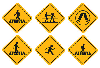 An illustration of a set of school zone street or pedestrian area. pedestrians yellow signs isolated on white background
