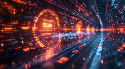 Data streams flow through a futuristic tunnel towards the year 2025 filled with glowing patterns