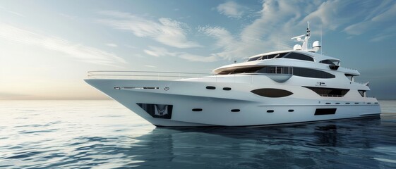 A majestic luxury yacht glides through calm waters under a serene evening sky, epitomizing elegance and tranquility.