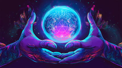 Vibrant tarot reader's hands holding glowing crystal ball and mystical symbols. Crystal Ball Vision. Illustration