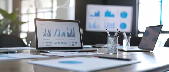 A modern conference room featuring laptops displaying various charts and graphs, illuminated by soft natural light filtering through large windows.