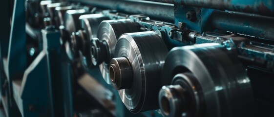 Close-up of industrial machine rollers with a metallic finish; precision engineering and industrial machinery at work.