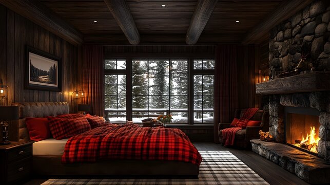 Cozy and rustic interior of a mountain cabin bedroom with a warm fireplace,wood-paneled walls,and a picturesque winter landscape view through the large windows.
