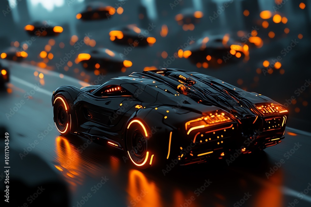 Poster 3d-rendered scene of a futuristic city with flying cars and glowing buildings, fully animated with d