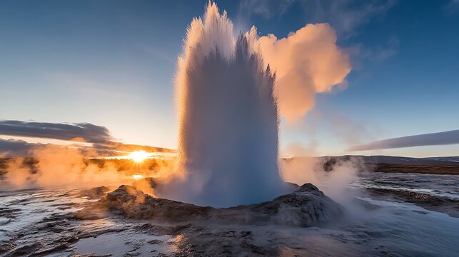A geyser exploding from the earth in a burst of steam and water, capturing the untamed geothermal power of water, geyser explosion, natural power release