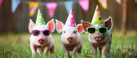 Adorable piglets in party hats and sunglasses celebrate in a whimsical, backyard party scene full of joy and color.