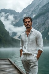 Fototapeta premium Serene Lake Retreat - Stylish Man in Linen Shirt Enjoying Tranquil Nature on Wooden Pier with Misty Mountains in Background