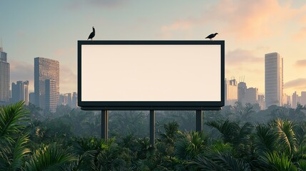 Fototapeta premium Empty billboard in urban jungle setting at sunrise with birds perched on top, against a city skyline in the background.