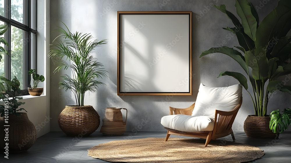 Poster elegant acrylic frame mockup showcase in minimalist home office setting with natural materials and f