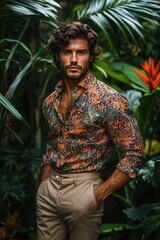 Fototapeta premium Confident Stylish Man in Floral Silk Shirt Posing in Lush Tropical Garden